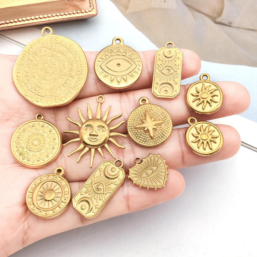Gold Stainless Steel Sun Evil Eye Round Tag Charm Pendant for DIY Bracelet Necklace