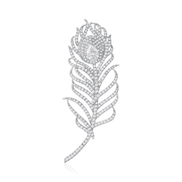 Crystal Pavé Feather Brooch in Silver and Gold Tone