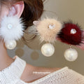 Beige Fuzzy Pom Pom Earrings With Large Pearl Like Drops view 1