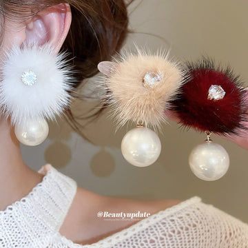 Beige Fuzzy Pom Pom Earrings With Large Pearl Like Drops