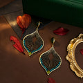 Gold Leaf Filigree Drop Earrings Green Teal Crystals view 2