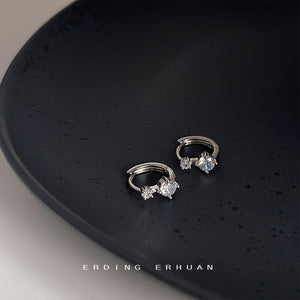 Silver CZ Mini Huggie Hoop Earrings Dual Round Stones