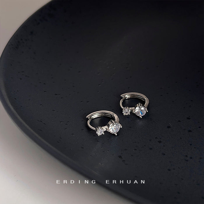 Silver CZ Mini Huggie Hoop Earrings Dual Round Stones