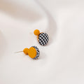 Houndstooth Fabric Round Stud Earrings Brown and Black White view 4