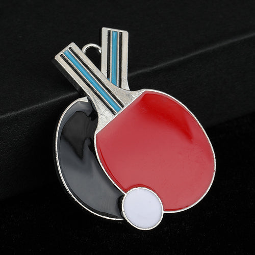 Silver-tone double table tennis paddle charm with red and black enamel and a white ball detail