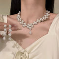 Silver Pearl Flower Necklace Rhinestone Dangle Earrings Set view 1