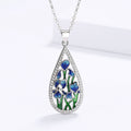 Silver Teardrop Blue Green Enamel Flower Pave Pendant Necklace view 1
