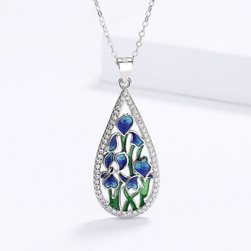 Silver Teardrop Blue Green Enamel Flower Pave Pendant Necklace