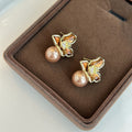 Brown Enamel Flower and Pearl Look Gold Tone Stud Earrings view 4