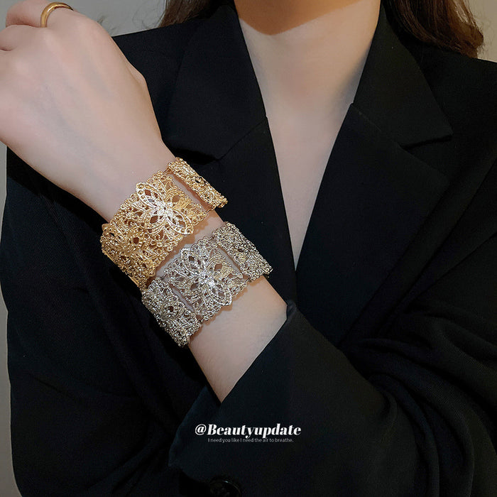 Openwork Filigree Square Flower Metal Cuff Bracelet 2 Tones