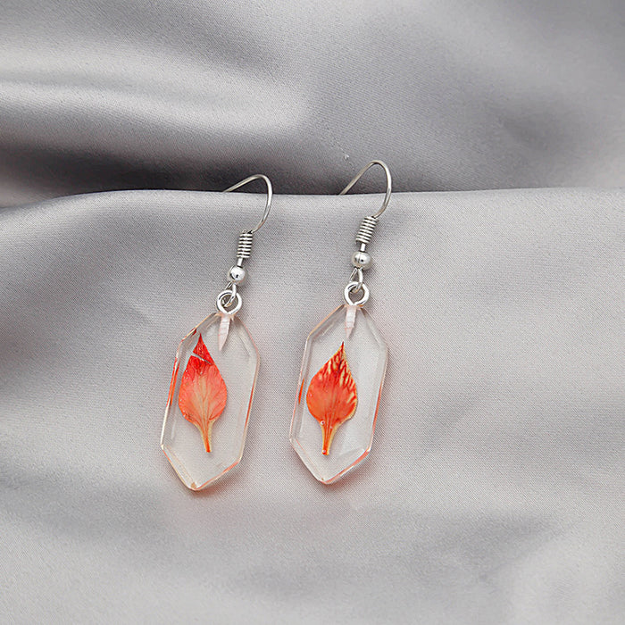 Clear Resin Hexagon Leaf Drop Earrings Red Teal Beige Peach