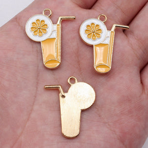 Gold Tone Orange Drink Enamel Charm with Straw and Slice
