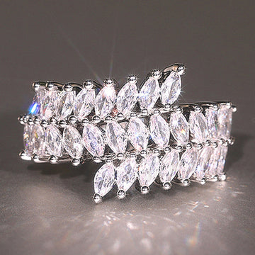 Silver Tone Marquise CZ Cluster Ring Leaf Chevron Band