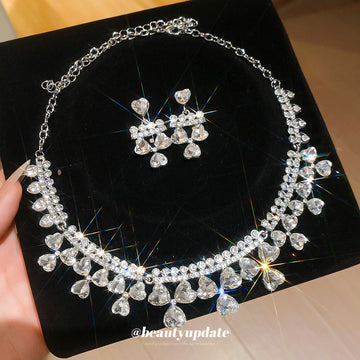 Silver Crystal Heart Drop Necklace Matching Heart Earrings