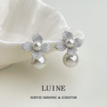 Silver Tone Clear Stone Four Petal Flower And Double Pearl Stud Earrings view 4