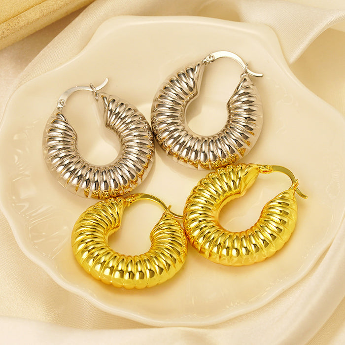 Ribbed Chunky Oval Hoop Earrings Polished Statement Fashion Jewelry