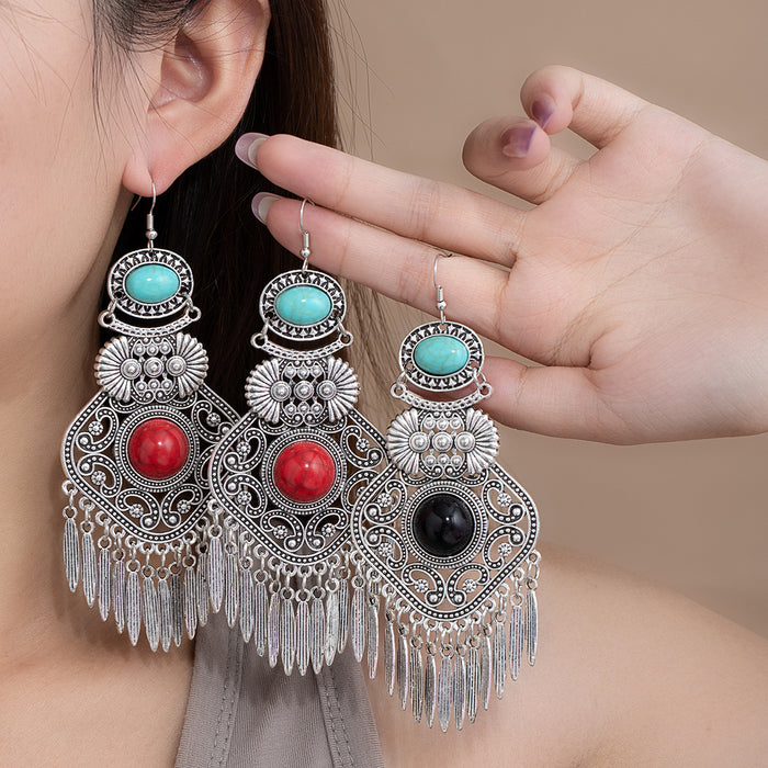 Red and Black Stone Antique Silver Leaf Tassel Earrings