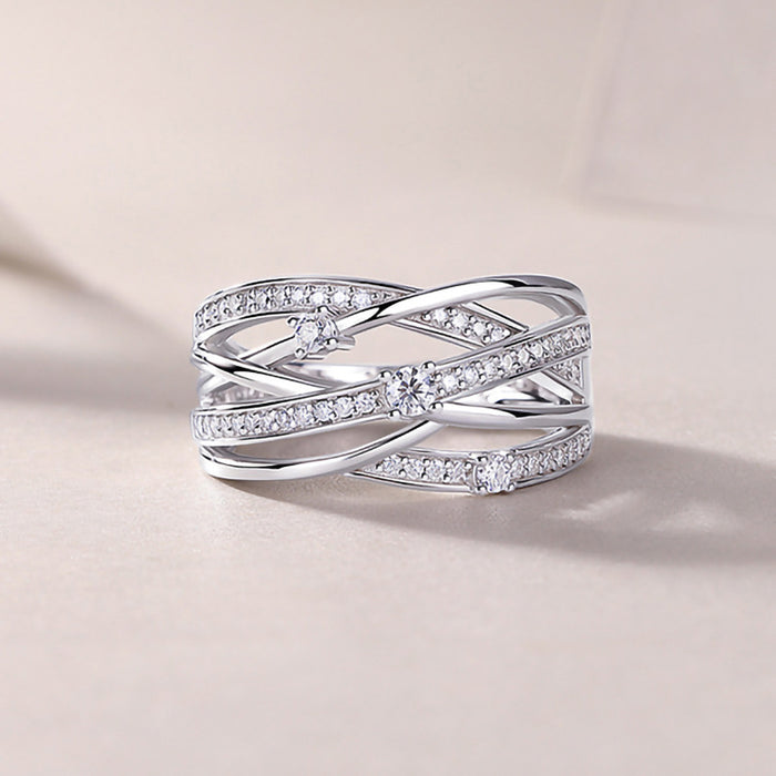 Silver Tone Multi Band Crossover CZ Ring Interwoven Bands