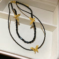 Black Beaded Double Strand Necklace With Gold Butterflies view 6
