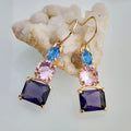 Gold Tone Purple Pink and Blue Geometric Drop Earrings view 2
