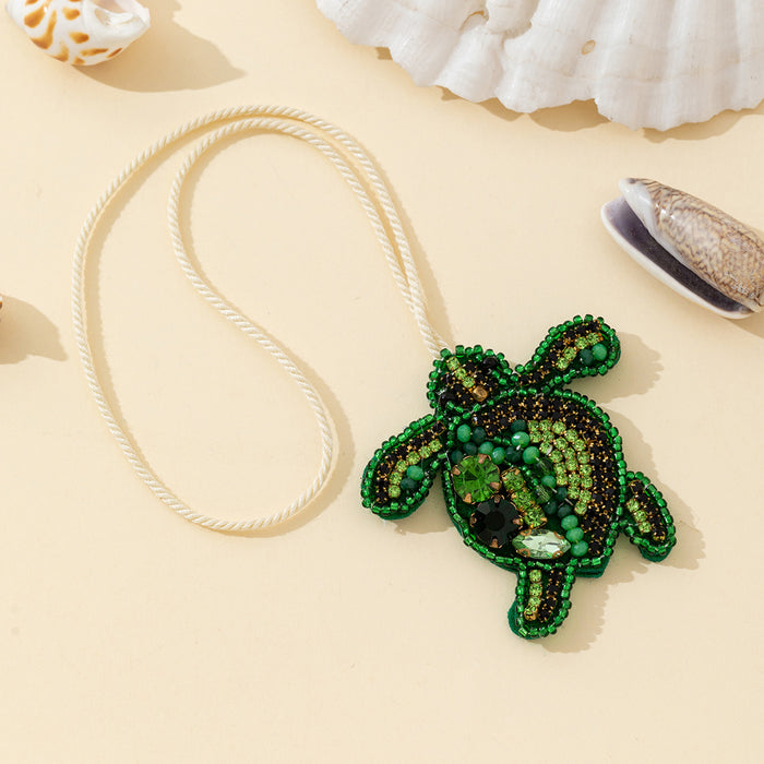Beaded Green Sea Turtle Charm Pendant With Rhinestone Accents