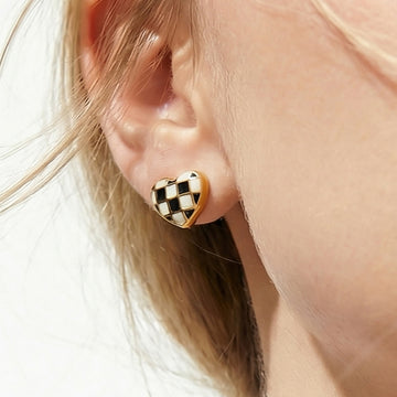 Black White Checkered Heart Stud Earrings Gold Steel Enamel