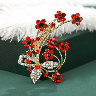 Red Crystal Blossom Branch brooch front view on a white background