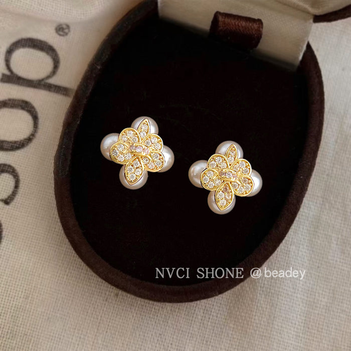 Gold Iris Flower Pearl Cluster Clear CZ Stud Earrings