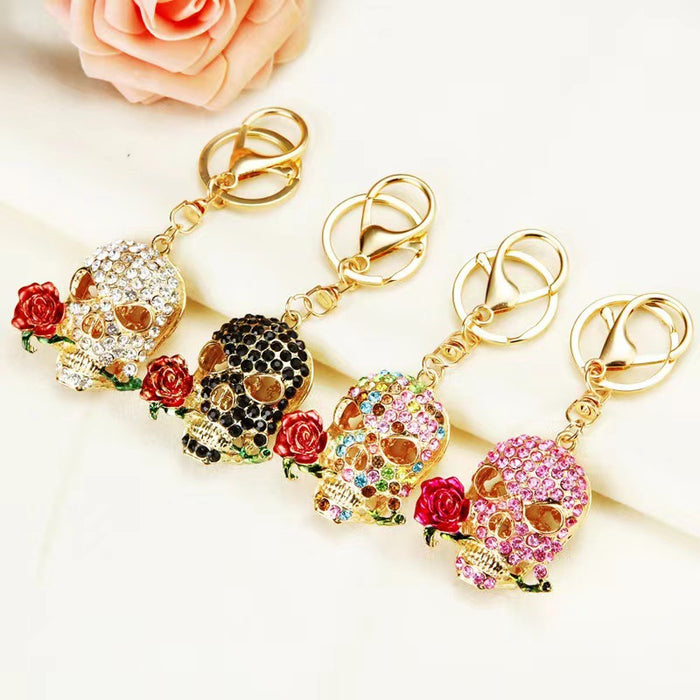 Rhinestone Skull Rose Keychain Metal Crystal Bag Charm