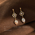 Gold Tone Clear Stone Floral Square And Irregular Pearl Drop Earrings view 3