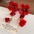 Red Fabric Flower and Pearl Tassel Drop Stud Earrings view 6