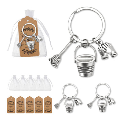 Cleaning bucket broom gloves keychains with bags and tags
