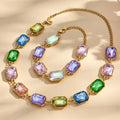 Emerald-Cut Glass Stone Necklace Bracelet Gold Steel Colors view 2