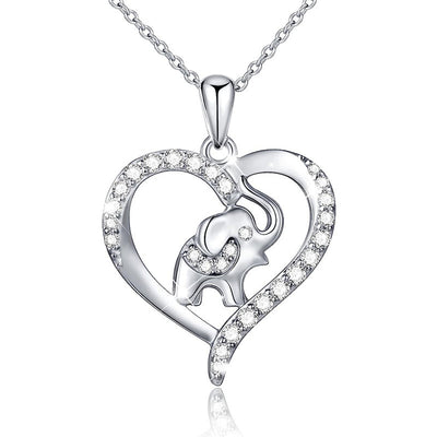 Alternate product view of silver tone heart elephant drop pendant necklace with stones