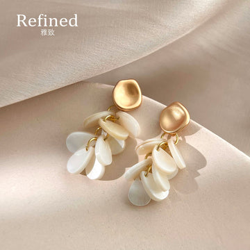Gold Tone Matte Top And White Shell Petal Fringe Stud Earrings