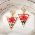 Gold Tone Triangle Red Pressed Flower Pendant Necklace and Stud Earrings view 3
