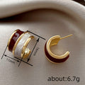 Gold Burgundy White Enamel Half Hoop Huggie Stud Earrings view 4