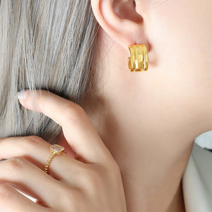 Gold Steel C-Shape Thick Ribbed Stud Hoop Earrings