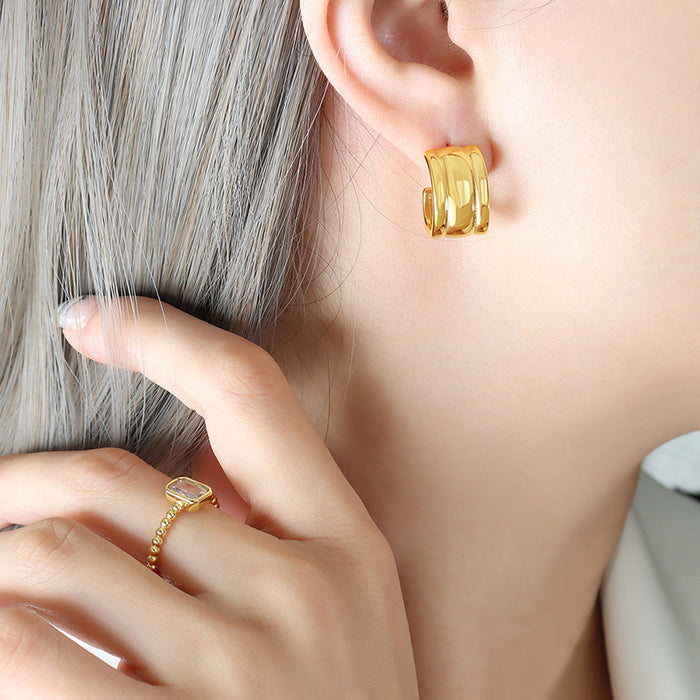 Gold Steel C-Shape Thick Ribbed Stud Hoop Earrings