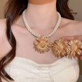 Gold Textured Daisy Flower Earrings Twisted Rope Choker Necklace view 1