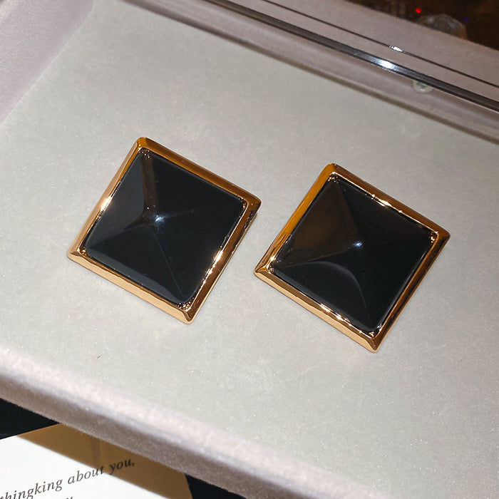 Square Resin Stud Earrings With Polished Metal Tone Details
