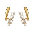 Gold C-Curve Pearl Clear Crystal Cluster Stud Earrings view 5