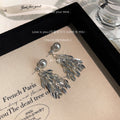 Silver Tone Gray Pearl And Layered Leaf Fringe Drop Stud Earrings view 3