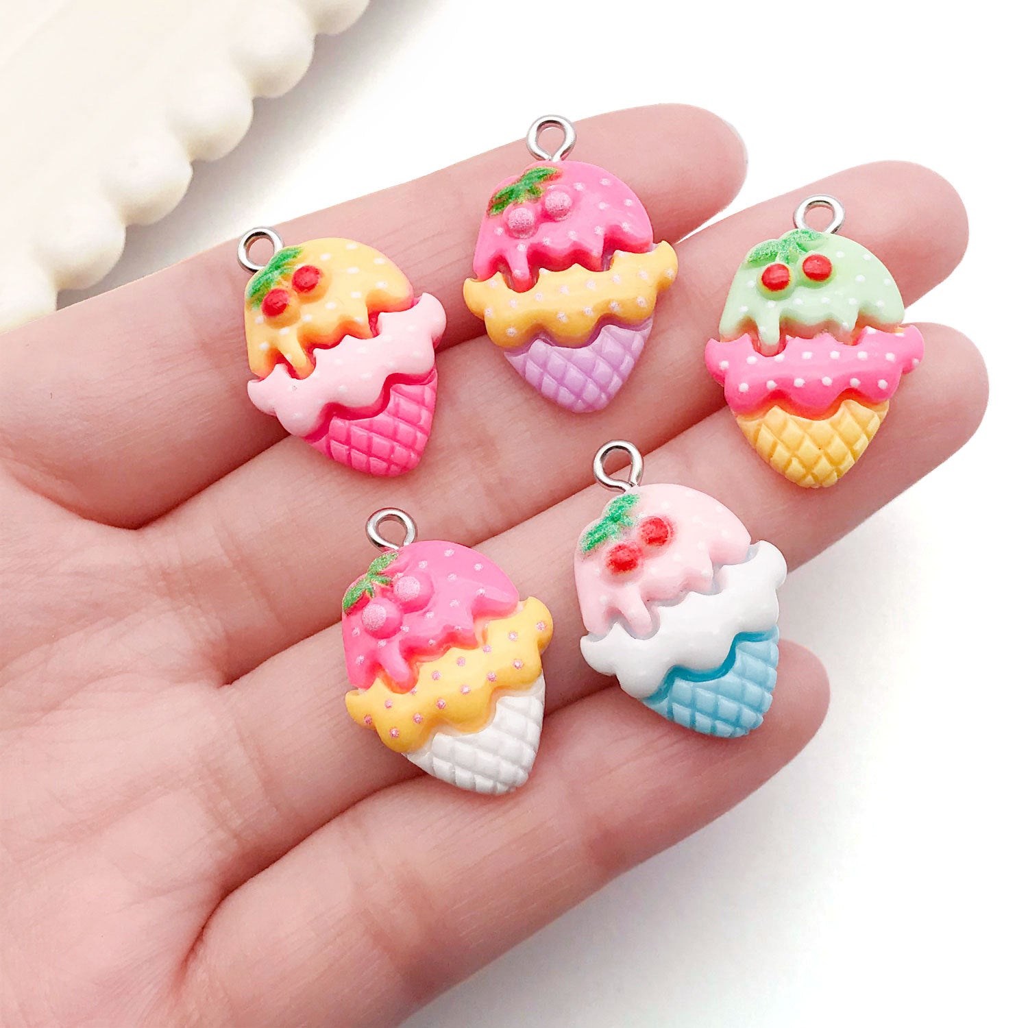 Simulation Resin Cream Cherry Ice Cream Cone Charm Pendant for DIY Bracelets Necklaces Keychains