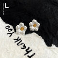 Silver Textured Flower Stud Earrings Gold Tone Centers view 2