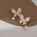 Pink Mint Enamel Butterfly Pearl Drop Stud Earrings view 4