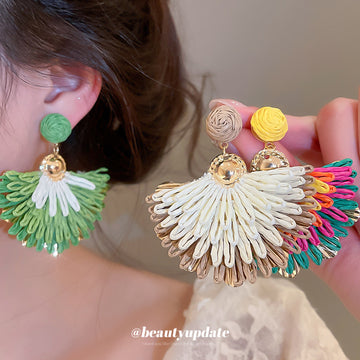 Colorful Woven Fan Flower Statement Drop Stud Earrings