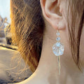 Clear Shell Leaf Tassel Earrings Blue Crystals Gold Chains view 1