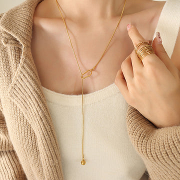 Gold Snake Chain Adjustable Y Drop Ball Sweater Necklace