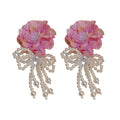 Fabric Rose and Pearl Loop Statement Earrings in Two Colors view 5
